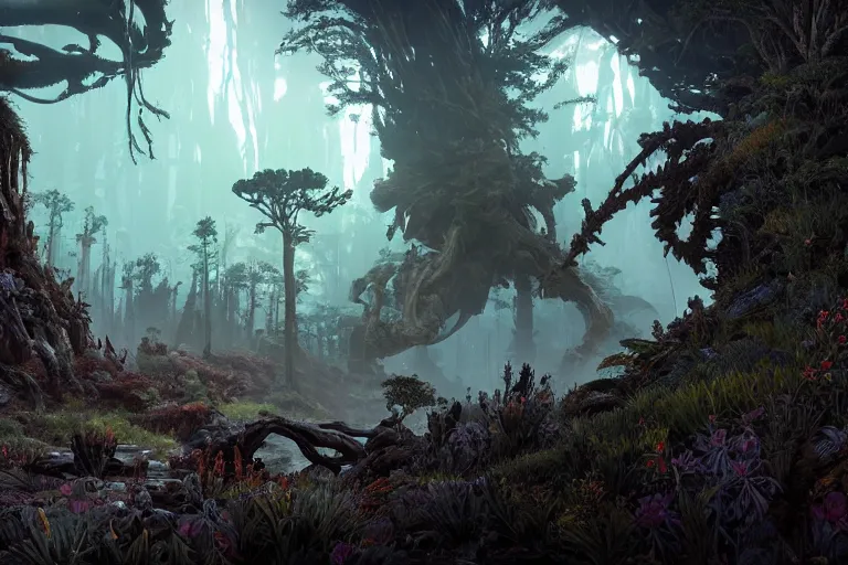 Image similar to wide epic shot from horizon forbidden west. a hyper detailed organic mechanic creatuve realistic similar look as horizon forbidden west horizon zero dawn, bioluminiscence in a dark deep forest at dawn in spring, with reflection and textures, by kilian eng, substance painter reaslitic mech surface metal painted scratches, world env from horizon forbidden west horizon zero dawn