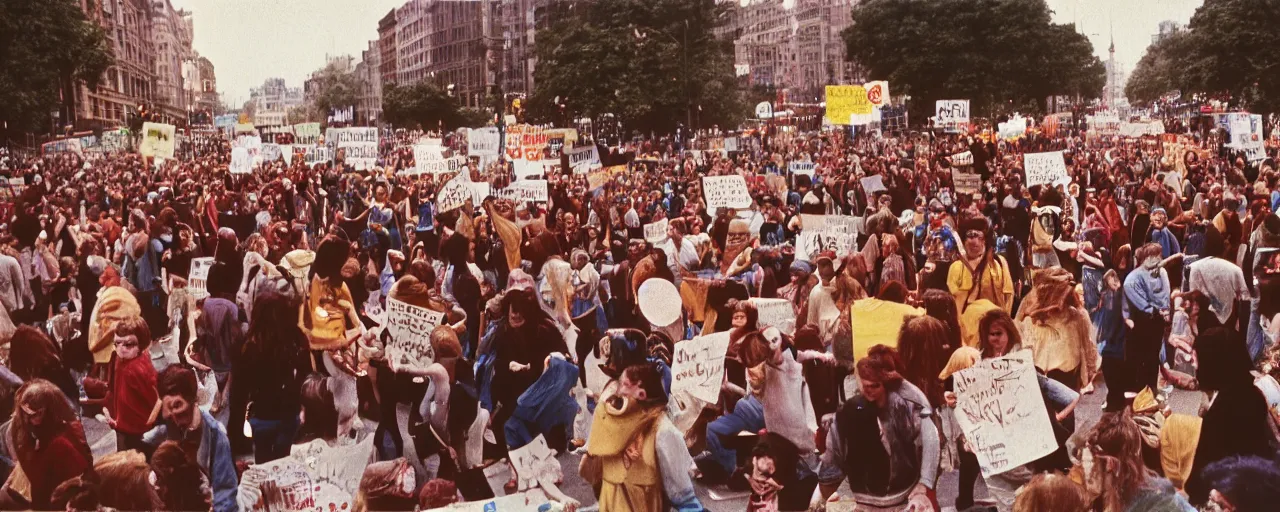 Image similar to ultra wide shot of hippies protesting spaghetti, 1 9 6 0's, balanced,, canon 5 0 mm, cinematic lighting, photography, retro, film, kodachrome