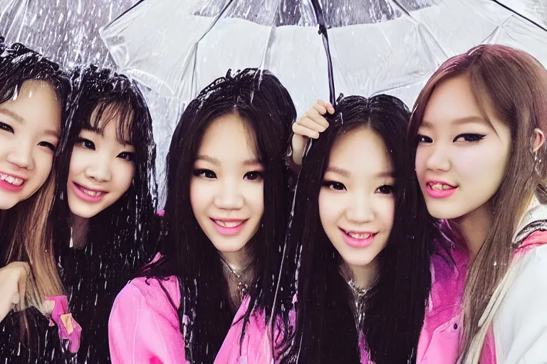 Image similar to a portrait of 4 (((((blackpink singers))))) posing in the rain