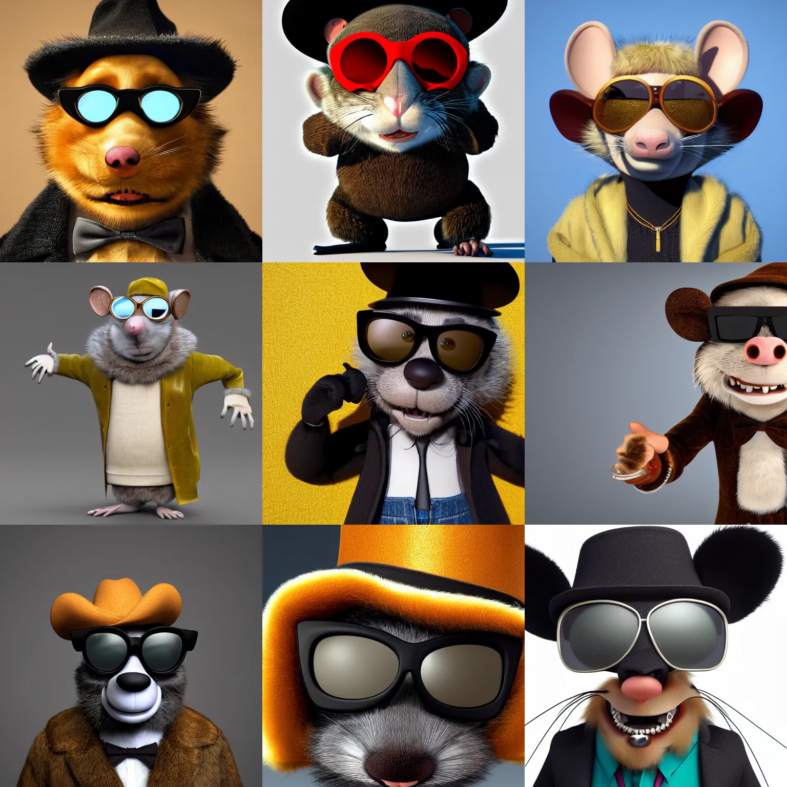 Prompt: anthropomorphic gangster rat wearing a fur coat, wearing sunglasses and a hat, long fur, detailed, 3d render, 4k, pixar