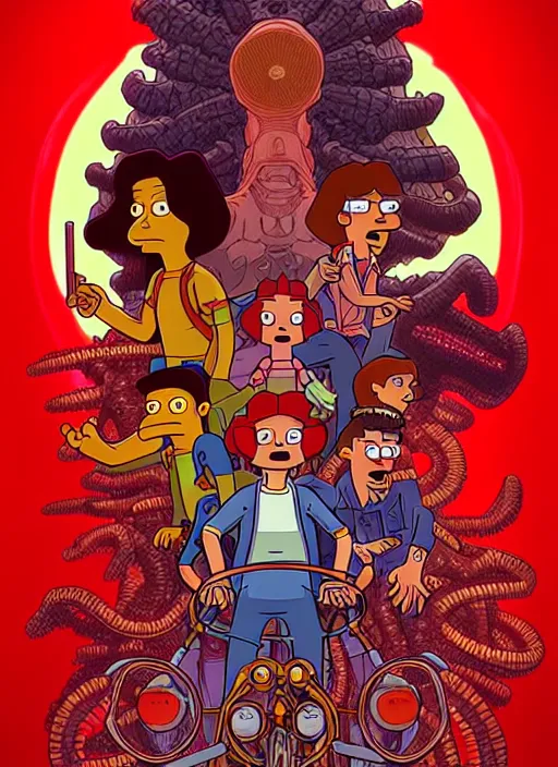 Image similar to animated version of Futurama Stranger Things scene with Demogorgon, cartoon, detailed faces, high resolution, hyper detailed, intricate, illustrated, dramatic lighting, illustration, concept art, smooth, sharp focus, art by Alphonse Mucha and Matt Groening !n-9