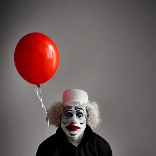 Prompt: a vintage studio portrait of a sad clown with balloons behind him, black background, chiaroscuro lighting, close up portrait, shallow depth of field, 8 0 mm, f 1. 8