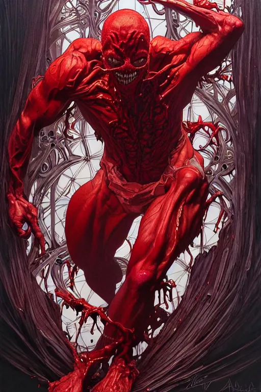 Prompt: the platonic ideal of cletus kasady carnage, detailed, intricate, hyperrealism, intense, scary by artgerm and greg rutkowski and alphonse mucha