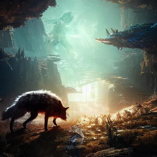 Image similar to a beautiful photograph of a biopunk wolf and a biopunk fox fight. intricate, epic lighting, cinematic composition, hyper realistic, 8 k resolution, unreal engine 5, by artgerm, tooth wu, dan mumford, beeple, wlop, rossdraws, james jean, marc simonetti, artstation