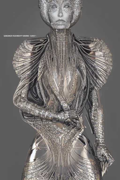 Image similar to a highly detailed metahuman 4 k render medium of a alien goddess bella hadid in iris van herpen dress schiaparelli in diamonds swarovski and jewelry in style of alphonse mucha gustav klimt trending on artstation made in unreal engine 4