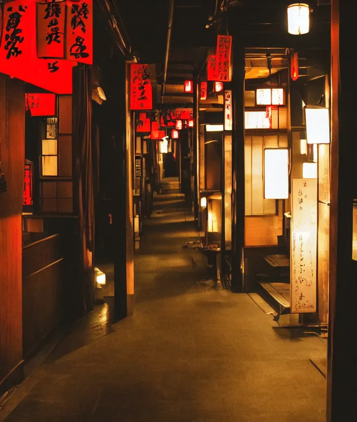 Prompt: spooky photo of a dark infinite hallway of a japanese izakaya with open lit doorways all the way down, dramatic lighting, smoke, ceiling fluorescent lighting, black and red colour palette