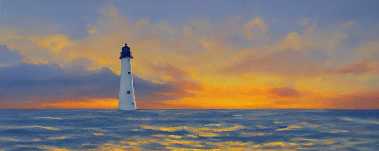 Image similar to A painting of a lighthouse by the ocean at sunset