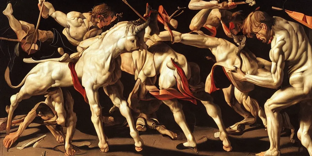 Image similar to the sacrifice of the white unicorn, fighting, struggling, muscular by caravaggio