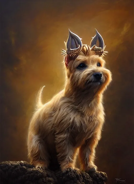 Image similar to norwich terrier as an devil, aesthetic, fine art, intricate, elegant, highly detailed, realistic hair, centered, digital painting, art station, conceptual art, soft, sharp focus, illustration, artwork, artgerm, tomasz alen kopera, peter mohrbacher, donato giancola, wlop, boris vallejo