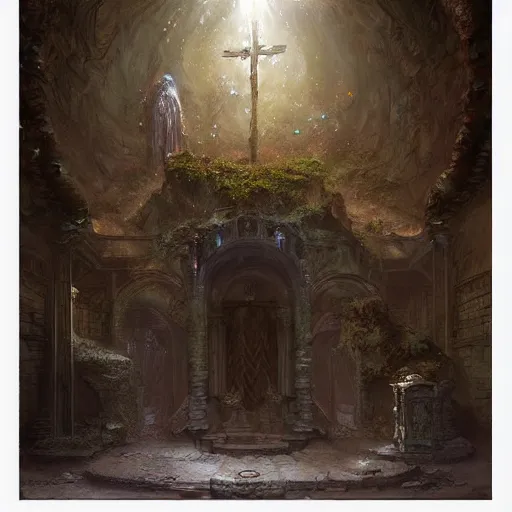 Image similar to a beautiful hyper realistic detailled matte painting of a decrepit altar in an underground crypt, by john howe and moebius and bastien lecouffe deharme and andreas rocha, trending on artstation