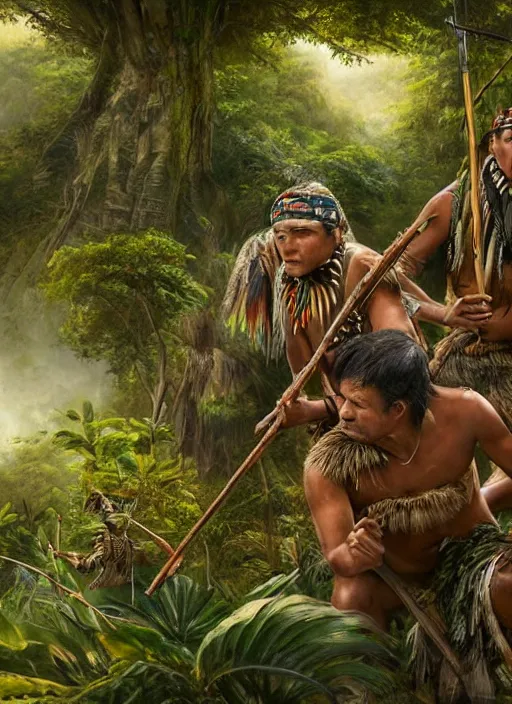 Image similar to two indigenous people hunting together in the jungle, fantasy art, highly detailed, matte painting