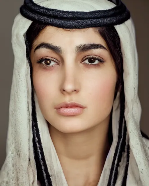 Image similar to a highly realistic, true to life portrait of a beautiful young middle eastern girl, soft focus, from the waist up, with sharp features, a beautiful face, soft smile, under studio lighting, taken with a canon eos camera with 1 3 5 mm focal length by karol bak, james jean, tom bagshaw, rococo, sharp focus, trending on artstation,