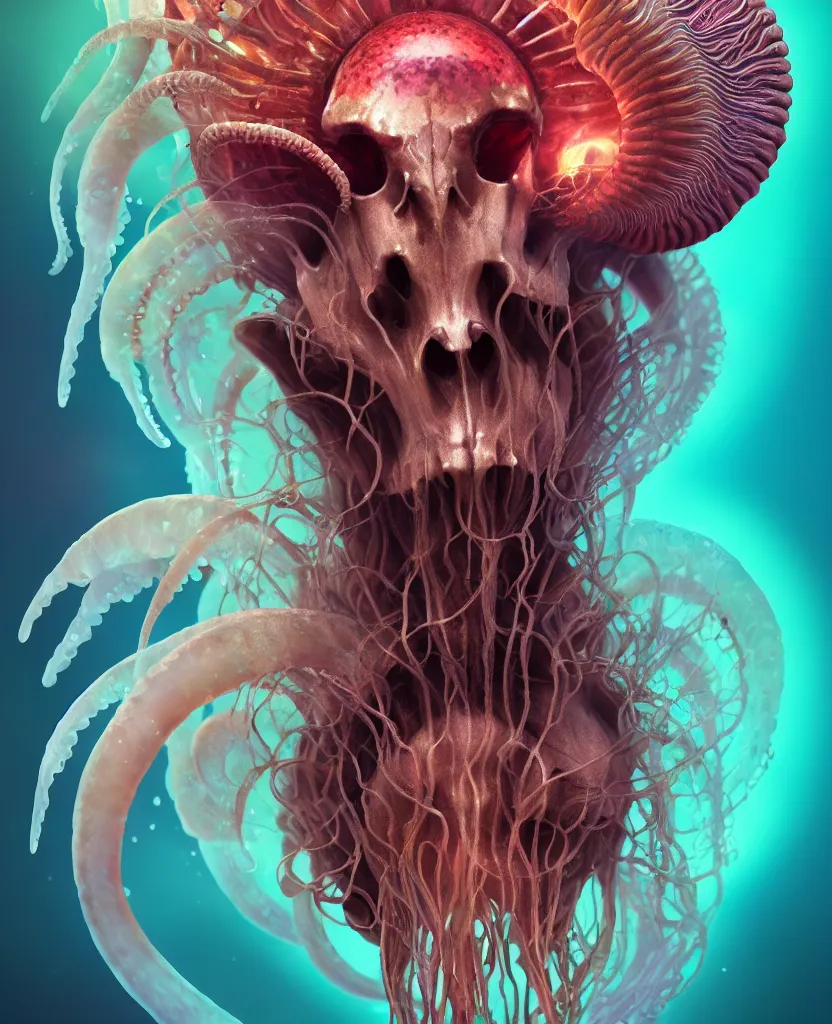 Image similar to goddess close-up portrait ram skull. jellyfish phoenix head, nautilus, orchid, ram skull, betta fish, bioluminiscent creatures, intricate artwork by Tooth Wu and wlop and beeple. octane render, trending on artstation, greg rutkowski very coherent symmetrical artwork. cinematic, hyper realism, high detail, octane render, 8k