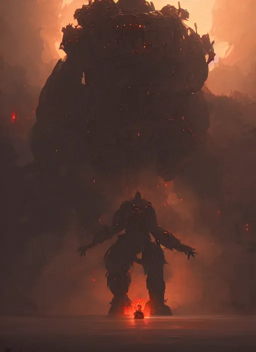 Image similar to a photorealistic dramatic hyperrealistic render of an armored fire golem by wlop, greg rutkowski, alphonse mucha, beautiful dynamic dramatic dark moody lighting, shadows, cinematic atmosphere, artstation, concept design art, octane render, 8 k