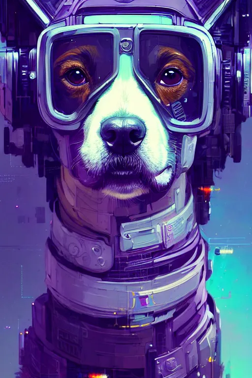 Image similar to a beautiful portrait of a cute cyberpunk dog by sandra chevrier and greg rutkowski and wlop, purple blue color scheme, high key lighting, volumetric light, digital art, highly detailed, fine detail, intricate, ornate, complex, octane render, unreal engine, photorealistic