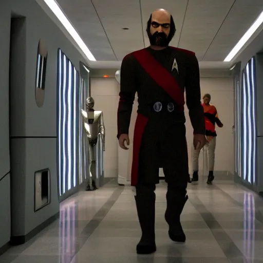 Prompt: a Klingon standing in a Star Trek Federation hallway,