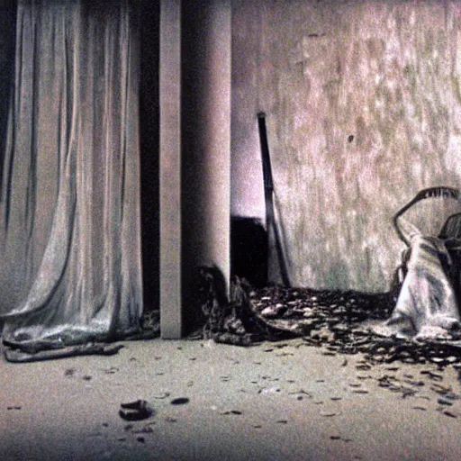 Image similar to 3 5 mm color photography, glitch, joel - peter witkin, beksinski, and stephen gammell, video still of apartment block