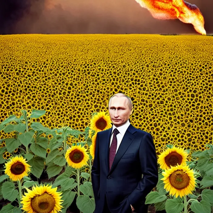 Image similar to photo portrait of Vladimir Putin in sunflower field, dressed in shirt with ornamental ethereal sunflower pattern, natural skin tone, explosion and fire in the background, elegant, Realistic, Refined, Highly Detailed, natural soft pastel lighting colors scheme, fine art photography by Cecil Beaton, volumetric lighting, hyper realistic photography