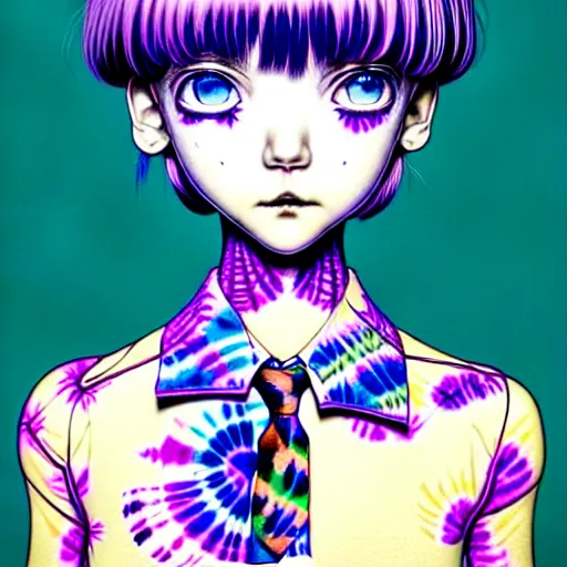 Image similar to amazingly detailed art illustration of a beautiful young woman, with morbid thoughts, wearing a tie-dye shirt, short shorts, with short hair with bangs, she is the queen of sharp needles, under the effect of psychosis and euphoria, by Range Murata, Katsuhiro Otomo, Yoshitaka Amano, and Artgerm. 3D shadowing effect, 8K resolution.