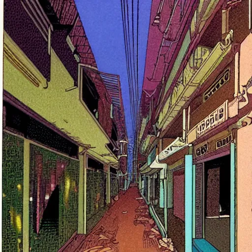 Image similar to an alley in singapore, art by moebius