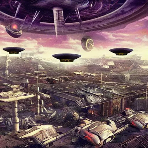 Image similar to post dystopian cyber punk civilization being destroyed by flying saucers and alien robots