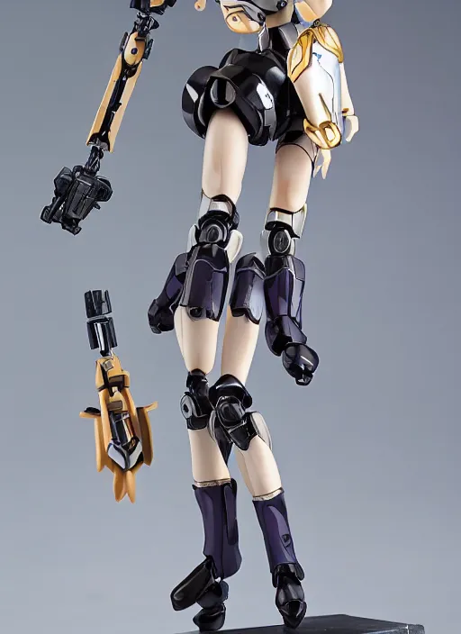 Prompt: toy design,Girl in mecha cyber Armor, portrait of the action figure of a girl, with bare legs， holding a weapon，SCI-FI style， anime figma figure, studio photo, 70mm lens,
