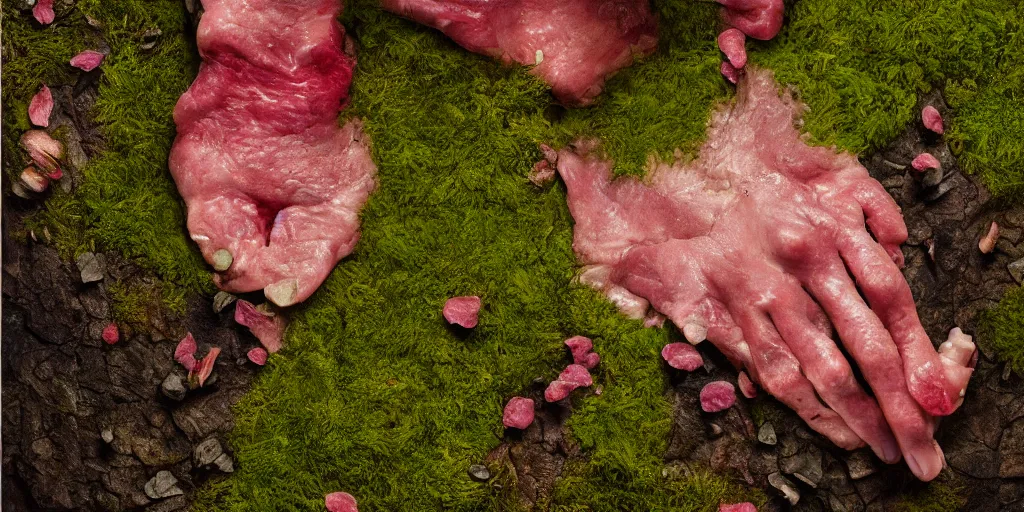 Prompt: details of moss growing on flesh and skin, meat, flower texture details, painitng, stab wound petals, oil on canvas, 4k, 8K, photorealistic, soft light, cinematic lighting, sharp, contrasting, dramatic light