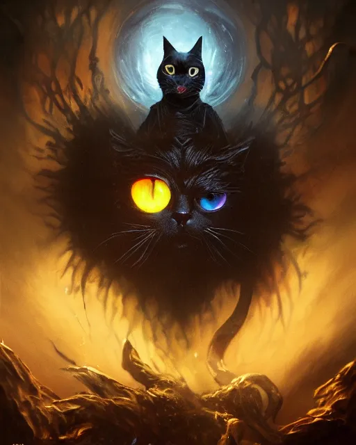 Image similar to oil painting of Anthropomorphized dark Cat Magician casting black magic spell, evil, glowing eyes, sharp focus, fantasy style, octane render, volumetric lighting, 8k high definition, by greg rutkowski, highly detailed, trending on art Station, magic the gathering artwork, very dark steampunk city backround, centered