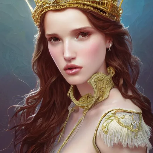 Image similar to ultra realistic illustration, bella thorne wearing princess crown, intricate, elegant, highly detailed, digital painting, artstation, concept art, smooth, sharp focus, illustration, art by artgerm and greg rutkowski and alphonse mucha