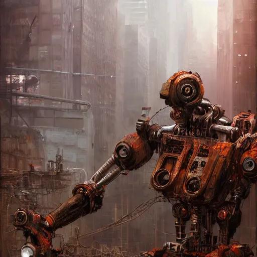 Image similar to portrait of a rusty old robot Overgrown New York City, post apocalyptic, abandoned, digital art, 4k, high quality render, unreal engine, trending on artstation, syd mead, craig mullins,