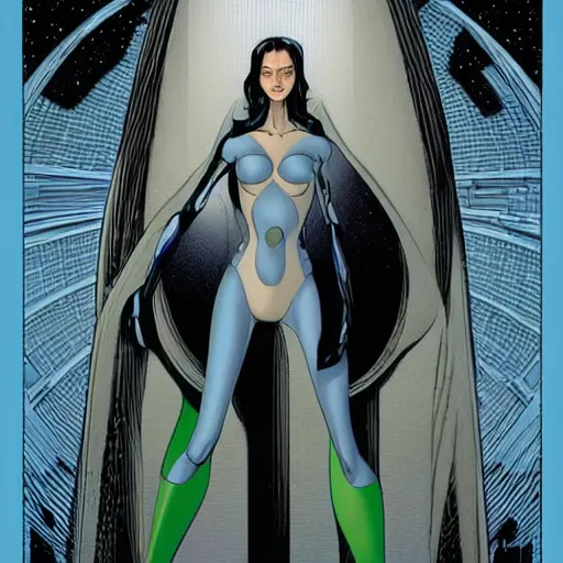 Prompt: Tall beautiful female witch with dark hair, futuristic, alien cityscape, symmetrical features, full body, face visible, graphic novel, colourful, 2D matte, art by Frank Quitely and Moebius,