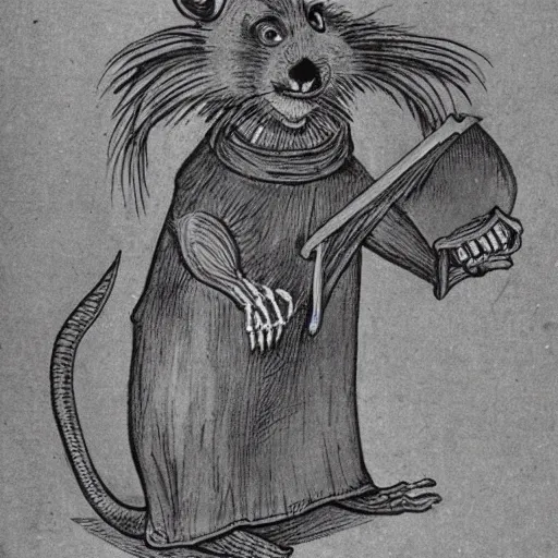 Prompt: anthropomorphic rat with exposed bones wearing dark sorcerer robes