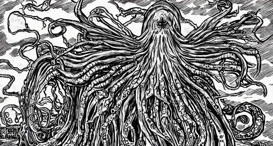 Image similar to cthulhu lovecraftian horror cinematic, in the style of junji ito, lineart, manga