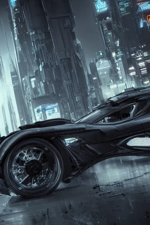 the batmobile driving through a futuristic city. view Stable