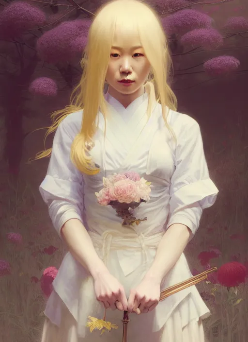 Image similar to symmetry!! portrait of a pretty japanese girl with blonde hair dressed as a french maid, elegant, highly detailed, digital painting, 8 k, concept art, smooth, sharp focus, illustration, ethereal, misty, octane render, by ruan jia and jeremy mann and alphonse mucha