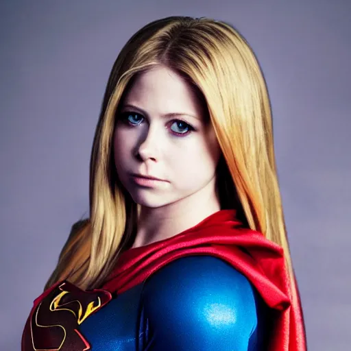 Image similar to Avril Lavigne as Supergirl, portrait photo, soft lighting