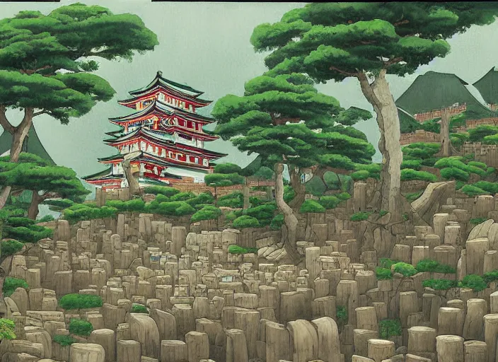 Prompt: japanese fortress in a city inside the forest by studio ghibli painting