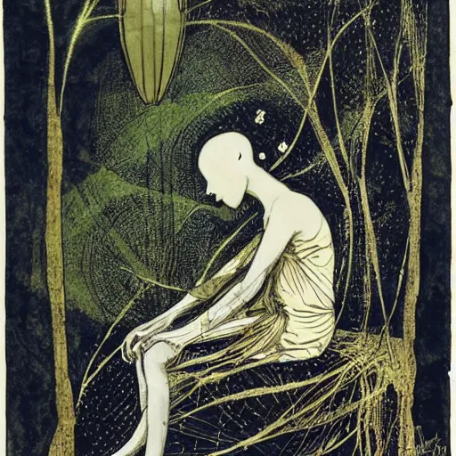 Image similar to A beautiful mixed mediart. Her cell is as bare as mine. She is sitting in the middle, hugging her knees, wrapped in a toga-like garment. scratch art by Shaun Tan, by Virginia Frances Sterrett, by Jean-Louis Forain elaborate