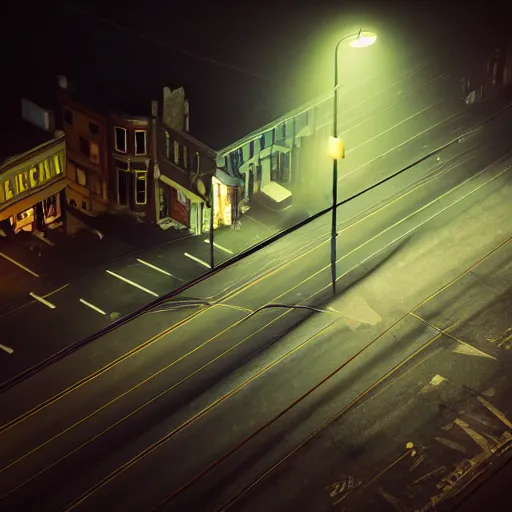 Image similar to A stunningly beautiful award-winning 8K high angle from 3rd floor cinematic movie photograph looking down diagonally across a spooky dark very foggy empty lightless moonlit main street intersection in an abandoned 1950s small town at night. perfect composition, moody low key backlit. Color palette from Seven, greens yellows and reds. 2 point perspective. Octane render