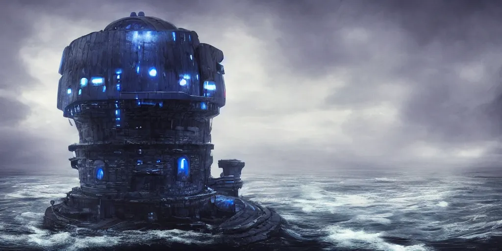 Prompt: a futuristic fortress tower in the middle of the rainy ocean, highly realistic concept art, blue cold atmosphere, but there is a read light glowing under the fortress, perfectly symmetric composition, great lighting, chiaroscuro, phorohraphy, cinematography, high quality, on trending, beautiful, 4 k