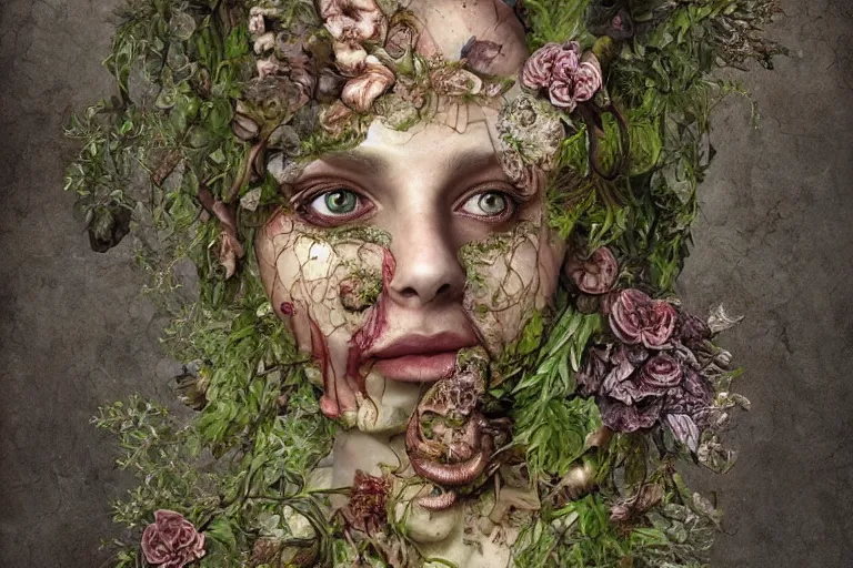 Image similar to beautiful and detailed rotten woman corpse with fractal plants and fractal flowers and mushrooms growing around, face muscles, veins, arteries, intricate, ornate, surreal, ray caesar, john constable, guy denning, dan hillier