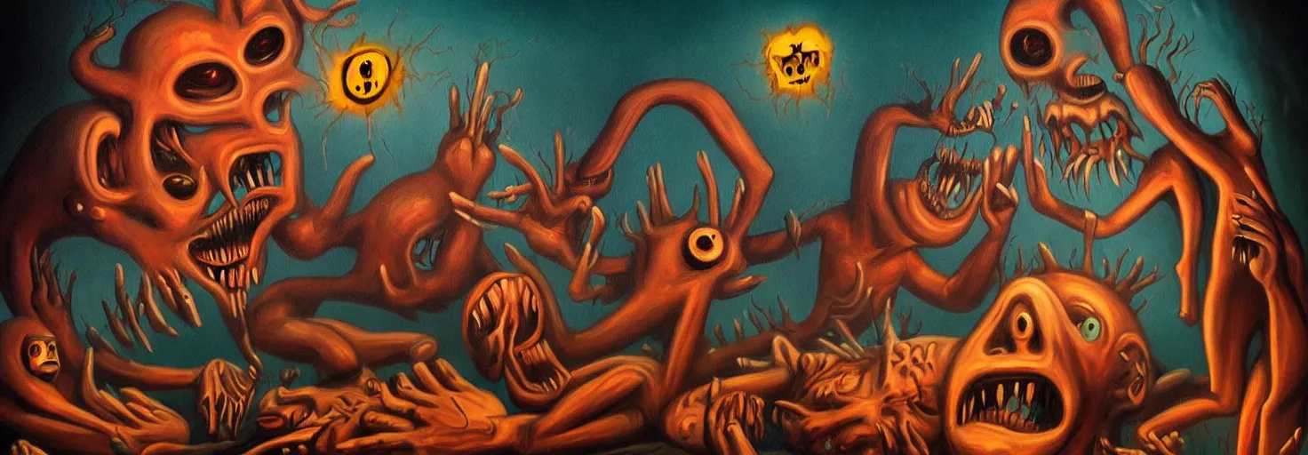 Image similar to visceral freaky obsessive monsters from the darkest depths of collective unconscious, dramatic glowing lighting, 1 9 3 0 s fleischer cartoon characters, wild emotional expressions - surreal painting by ronny khalil