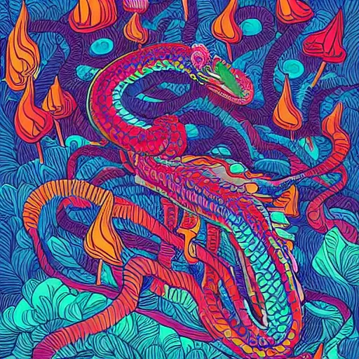 Image similar to illustration of quetzalcoatl, in colors # 1 1 3 4 a 6, # 7 3 c 2 fb, # 6 6 9 3 fs, # 9 8 fb 9 8, # 0 1 7 9 6 f, by studio multi and victo ngai, malika favre