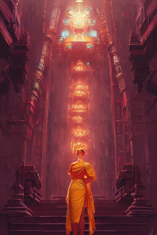 Image similar to temple, cyberpunk, buddhism, painting by greg rutkowski, j. c. leyendecker, artgerm