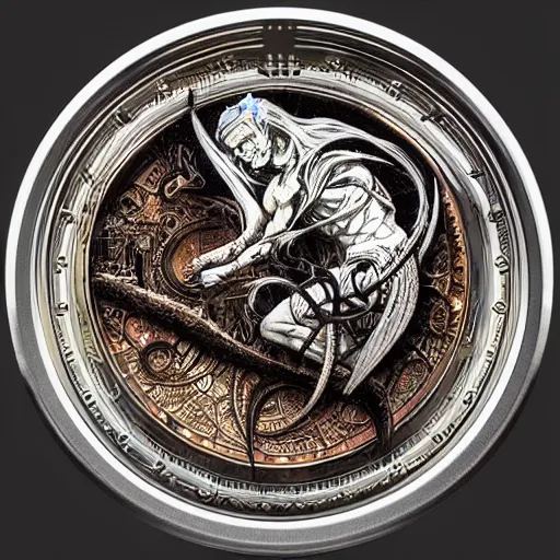 Prompt: an intricate coin, by greg rutkowski and frank frazetta and peter mohrbacher and william blake and dan mumford