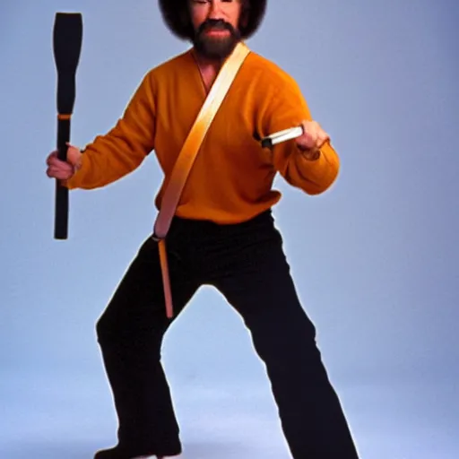 Prompt: Bob Ross fighting with nunchucks, photography