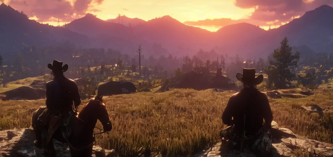 Image similar to Arthur Morgan from Red Dead Redemption 2 sitting at the top of a mountain looking at a beautiful sunrise in the distance