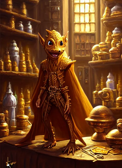 Image similar to a _ fantasy _ style _ portrait _ painting _ of a humanoid gold kobold male in wizard robes selling wares in his shop, oil _ painting _ unreal _ 5 _ daz. _ rpg _ portrait _ extremely _ detailed _ artgerm _ greg _ rutkowski _ greg