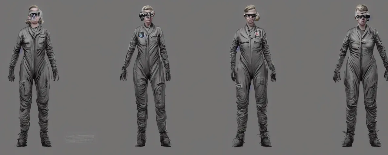 Image similar to pulp sci fi character concept art 3 / 4 portrait of tattooed stoic heroic emotionless butch blonde woman engineer with short slicked - back hair, wearing dirty flight suit, wearing dark victorian goggles, working inside reactor room, awkward and uncomfortable and anxious, dirty. mike mignogna, ron cobb, industrial space program, scifi, hyper detailed. octane render.