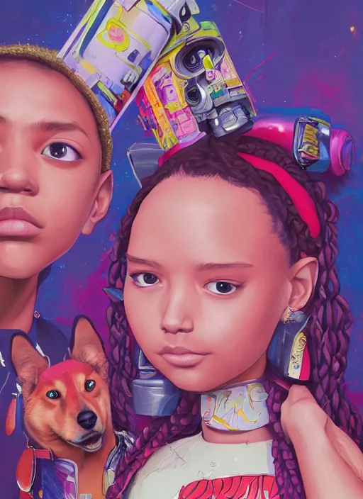 Prompt: beautiful portrait painting of a hiphop lofi cyberpunk princess girl and her corgi royalty, by Alex Gross, WLOP, Josan Gonzalez, Kieron Gillen. trending on Artstation, 8k, masterpiece, face enhance, graffiti paint, fine detail, full of color, intricate detail, golden ratio illustration